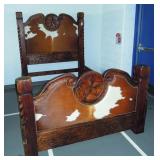 FANTASTIC HEAVY HAND CARVED WOOD & COW HIDE RUSTIC QUEEN SIZE BED