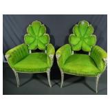 PAIR RARE ART DECO HAND CARVED WOOD & UPHOLSTERED FLOWER BACK CHAIRS
