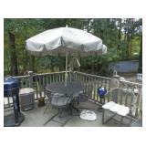 PATIO TABLE, 4 CHAIRS & UMBRELLA