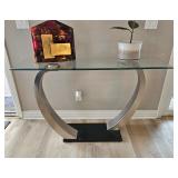 Roxo Satin / Plated & Black, Glass Top Sofa / Occasional Table.