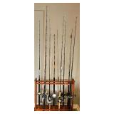 Numerous (Great Condition) Fishing Rods & Reels & Rolling Holder.