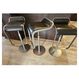 Set Of 3 LAPALMA (Italy) Lem Adjustable Bar Stools, Brushed Steel & Black Leather.