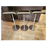 Set Of 3 LAPALMA (Italy) Lem Adjustable Bar Stools, Brushed Steel & Black Leather.