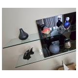 Unique Designer Black Glass Back Panel & Double Glass Shelf Wall Statement Piece. 