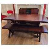 Wooden Farmhouse dining table & benches & 2 expandable leaves.