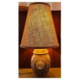 MCM pottery table lamp with textured, earthy glaze & conical woven fabric shade.