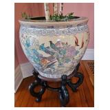 Large Chinese Porcelain Fish Bowl Planter with Wooden Stand, Floral & Bird Motif.