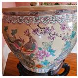 Large Chinese Porcelain Fish Bowl Planter with Wooden Stand, Floral & Bird Motif.