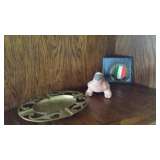 Brass Tray, Terra Cotta Bird and Italian Emblem