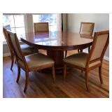 Single Pedestal Dining Table With 6 Leather Upholstered Chairs