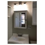Bathroom cabinets, pedestal sink, lighting