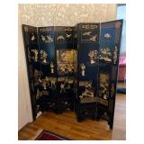 Vintage Chinoiserie Black Lacquered Hand Painted Six-Panel, Double Sided, Screen Room Divider