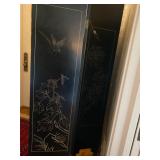 Vintage Chinoiserie Black Lacquered Hand Painted Six-Panel, Double Sided, Screen Room Divider
