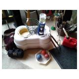 WOOD BASEBALL BAT, ALUMINUM BASEBALL BAT, POGO STICK DOG DISHES, CROQUET BALLS & SET, GAS CANS
