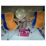 FIGHTING ILLINI CHAIRS, CANVAS FOLDABLE TOTE BASKET, LARGE SOLID BRASS DECORATIVE PLATE/WALL HANGING