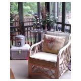 BEAUTIFUL SOFT BEIGE RATTAN GARDEN, SUN ROOM, PATIO OR ANYWHERE CHAIR WITH 2 SOFT GREEN