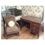 CONVERTIBLE CRIB/KIDS BED. DESK OR ACCENT CHAIR. ANTIQUE SOLID MAPLE WOOD DESK, LARGE WORK SPACE.