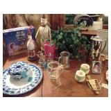 GAMES, BLUE DELFT CHINA, WOODEN SNOWMEN, PLANTS, BRASS DOOR KNOCKER, BRASS PLATES, OIL & VINEGAR SET