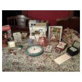 LOVELY DECORATIVE & GIFT ITEMS. CLOCKS, COPPER TEA KETTLE, TONS OF BOOKS, BRAND NEW SEWING MACHINE.