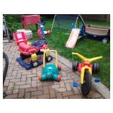 SEVERAL GREAT HOSE REEL & HOSES, LOTS OF SLEDS, BIG WHEELS, JEEP KIDS WALKER, KIDS PLASTIC CHAIRS