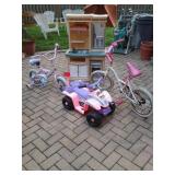TONS OF KIDS ITEMS. PLANTERS, POTS, OUTDOOR CHAIRS, GARDEN HOSE REELS, HOSES, BICYCLES, ETC