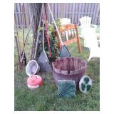 WHISKET BARRELL, STEPPING STONES, GARDEN TOOLS, HOLE DIGGER, RAKES, PITCH FORK, EDGER & MORE!