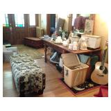 NICE WASHBURN GUITAR, NEW LAMP SHADES, CARPETS, OTTOMAN, BASKETS, LIGHT SHADES, CANDLES, ETC.