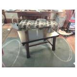 HEAVY WOOD COFFEE TABLE, RUGS, OTTOMAN, HAMPERS OF ALL SIZES, GORGEOOUS WOOD DESK CHAIR & MORE