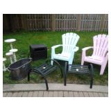 ADIRONDACK CHAIRS. METAL WOOD BIN, CAMPFIRE, STACKABLE STOOLS, FANCY HOSE REELS, PLANT STANDS & MORE