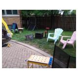 FIREPLACE SCREEN, CHILDRENS WOOD TOOL BENCH, RABBIT CAGE, TALL KIDS SLIDE, COLORFUL ADIRONDACKS