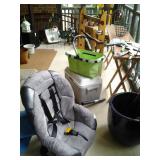 LUX. PADDED CAR SEAT, COOLERS, GUNS & GUN RACKS, TABLES, CAMPING ITEMS, LARGE BLUE UMBRELLA, ETC