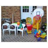 TOOLS RACKS, WORK WOOD HORSES, BASKETBALL HOOP, LOTS OF KIDS SLEDS, CHAIRS, TOYS, COOLERS, BALLS,ETC
