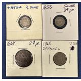 1853 1/2 Dime, 1853 silver 3 cent, 1865 c/n 3cent, 1864 2 cent
