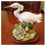 Large Crane & Water Lily Porcelain Figure on Wood