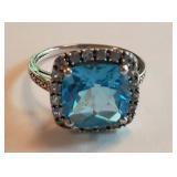 10 K White Gold Enhanced Blue Topaz & CZ Ring