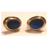 14 K Oval Pierced Earrings / Blue Stone