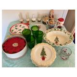 #21 Christmas lot w/ 3 sets of sm plates, 4 bells, 4 glasses, snow globe, teapot, Santa, candle $30