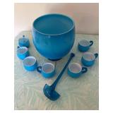 #79 vintage blue glass punch bowl w/ladle and 7 cups