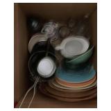 Boxes of midcentury dishes and enamelware