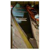 large fiberglass canoe, woven seats intact, 2 paddles, jacket