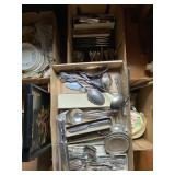 2 boxes of silver plate and many other kitchen utensils and a large set of red handled taiwan utensi