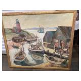 large framed oil of harbor/wharf scene $125