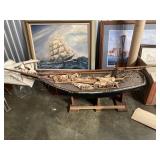 large, antique wood hull w/ all rigging and replacement sail material