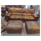 BASSETT LEATHER COUCH AND LARGE OTTOMANS