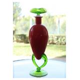 19) Transparent blown, red and green overlay glass. Signed 
