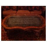 Mainland Smith copper work of art top coffee table with embossed leather frame on bamboo legs 