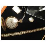 14K Elgin pocket watch, sterling silver assembly hall charm and 14K gold and pearl bracelet