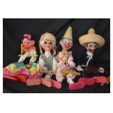 set of 4 marionettes, the mariachi man, the Mexican woman with castinettes, the old man and the clow