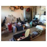 Putters, gold clubs, junior set of clubs, Christmas decorations,  books, dog kennel, dog pool, etc