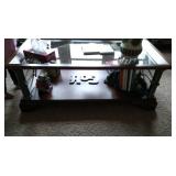 Coffee table has 2 matching end tables iron, wood and glass